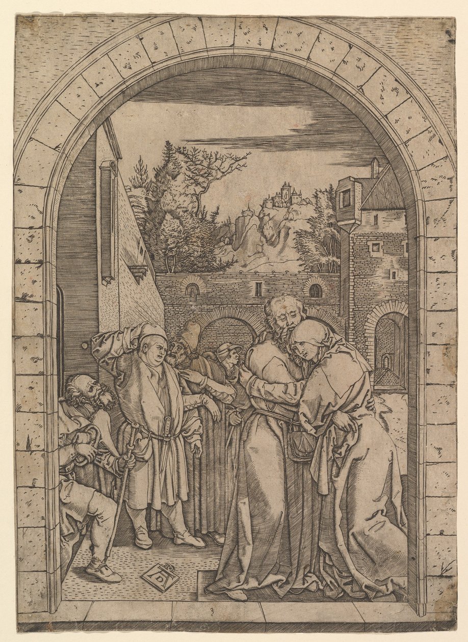 Joachim omfavner Saint Anne under den gyldne porten i Jerusalem, etter Dürer, ca. 1500-1534. av Marcantonio Raimondi