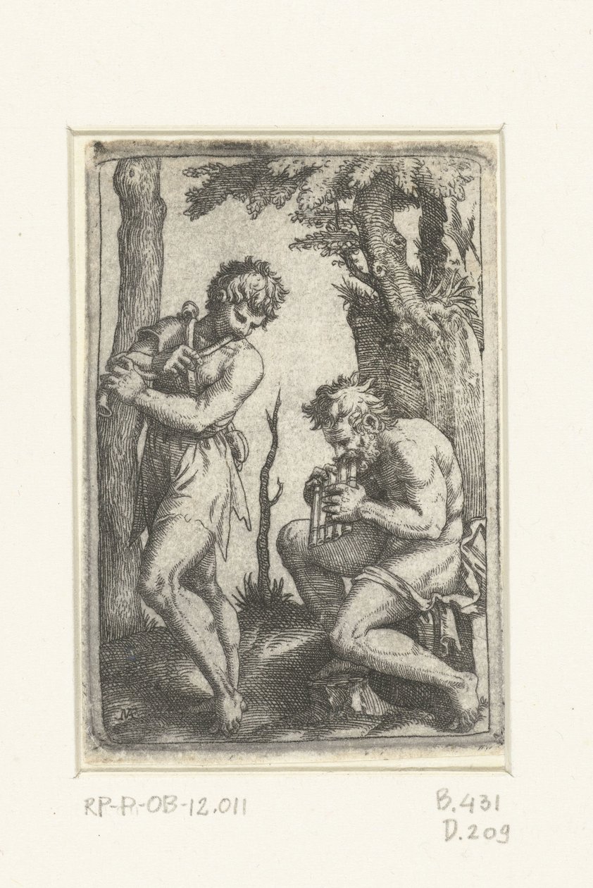 Ung gjeter med shawm og gammel gjeter med panfløyte av Marcantonio Raimondi