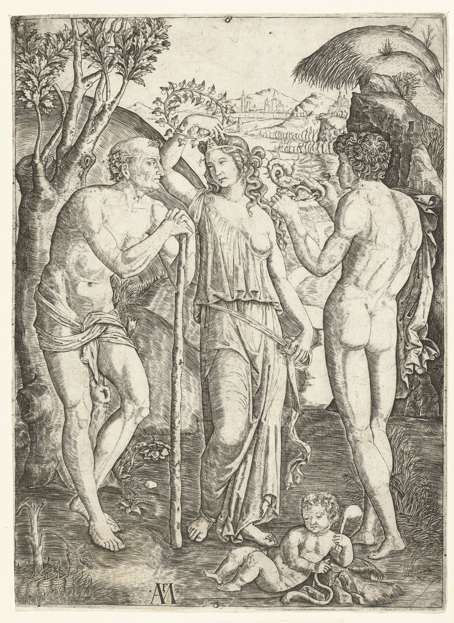 Ung kvinne med krans av blader som står mellom gammel mann som lener seg på pinne og ung mann med drage og barn av Marcantonio Raimondi