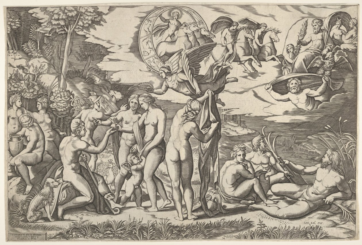 Paris-dommen: Paris strekker ut hånden mot Venus, som står mellom Juno og..., ca. 1520-50. av Marcantonio Raimondi
