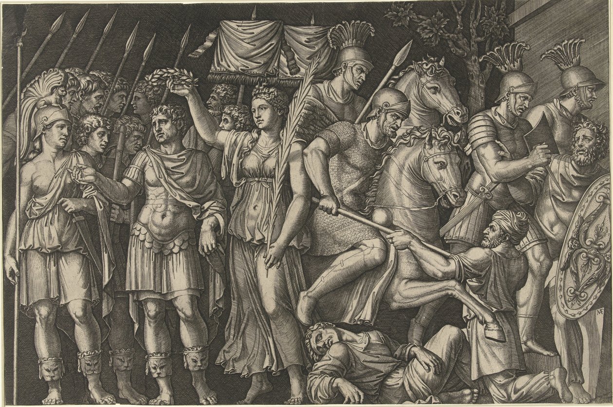 Keiser Trajan kronet av Victoria står ved siden av kvinnelig personifisering av Roma og romerne som kjemper mot daciere av Marcantonio Raimondi