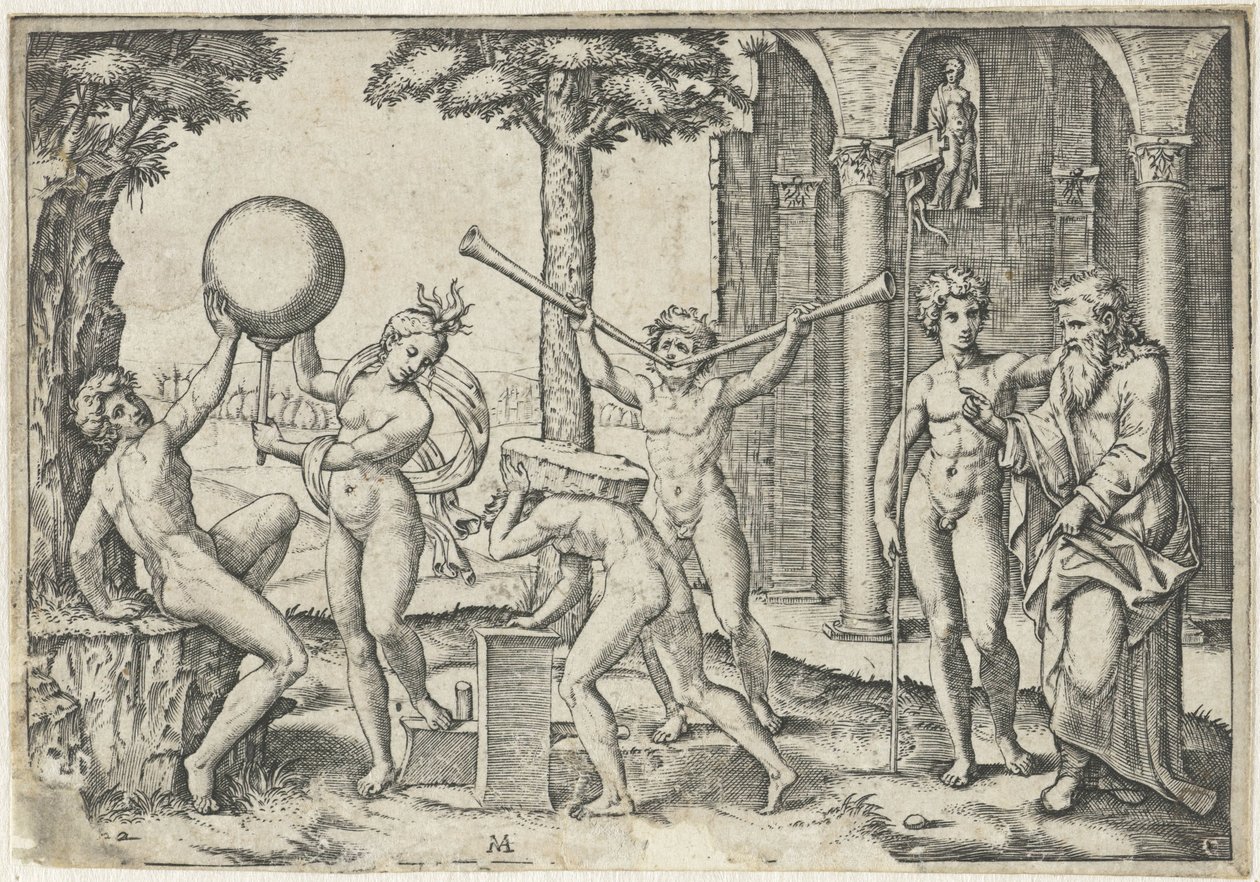 Mann med to trompeter og mann med stein på ryggen flankert av mann og kvinne med jordklode og gammel og ung mann av Marcantonio Raimondi