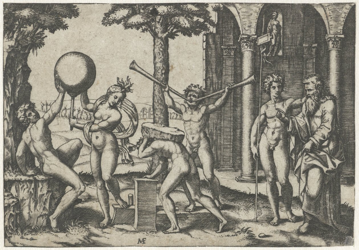 Mann med to trompeter og mann med stein på ryggen flankert av mann og kvinne med jordklode og gammel og ung mann av Marcantonio Raimondi