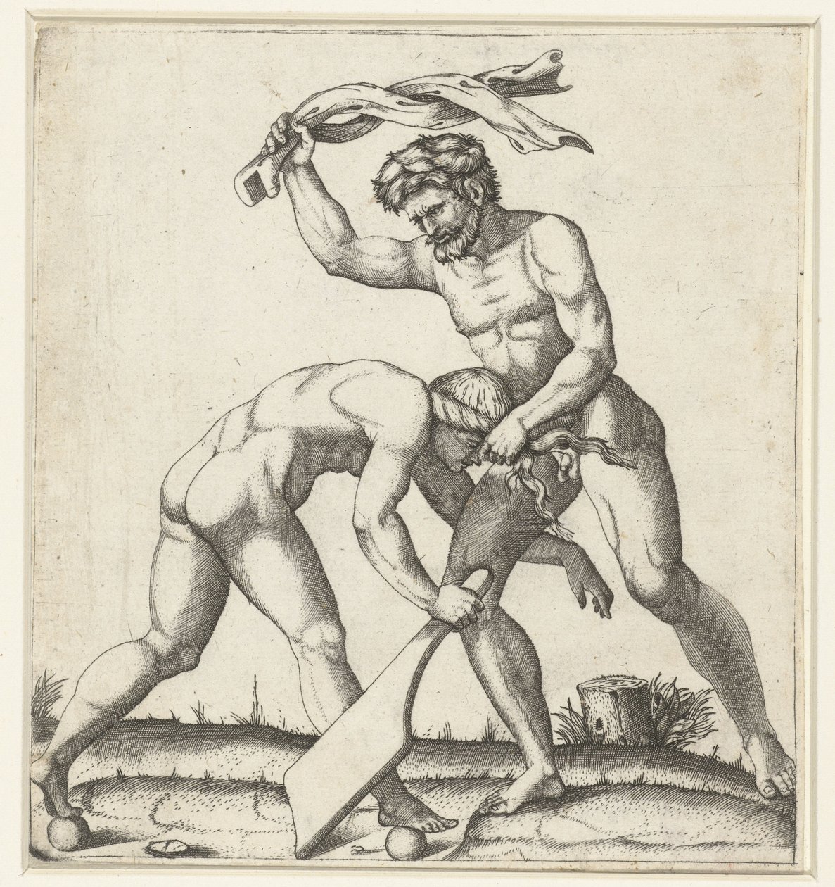 Mann som kjemper mot kvinne som personifisering av Fortune (Fortuna) av Marcantonio Raimondi