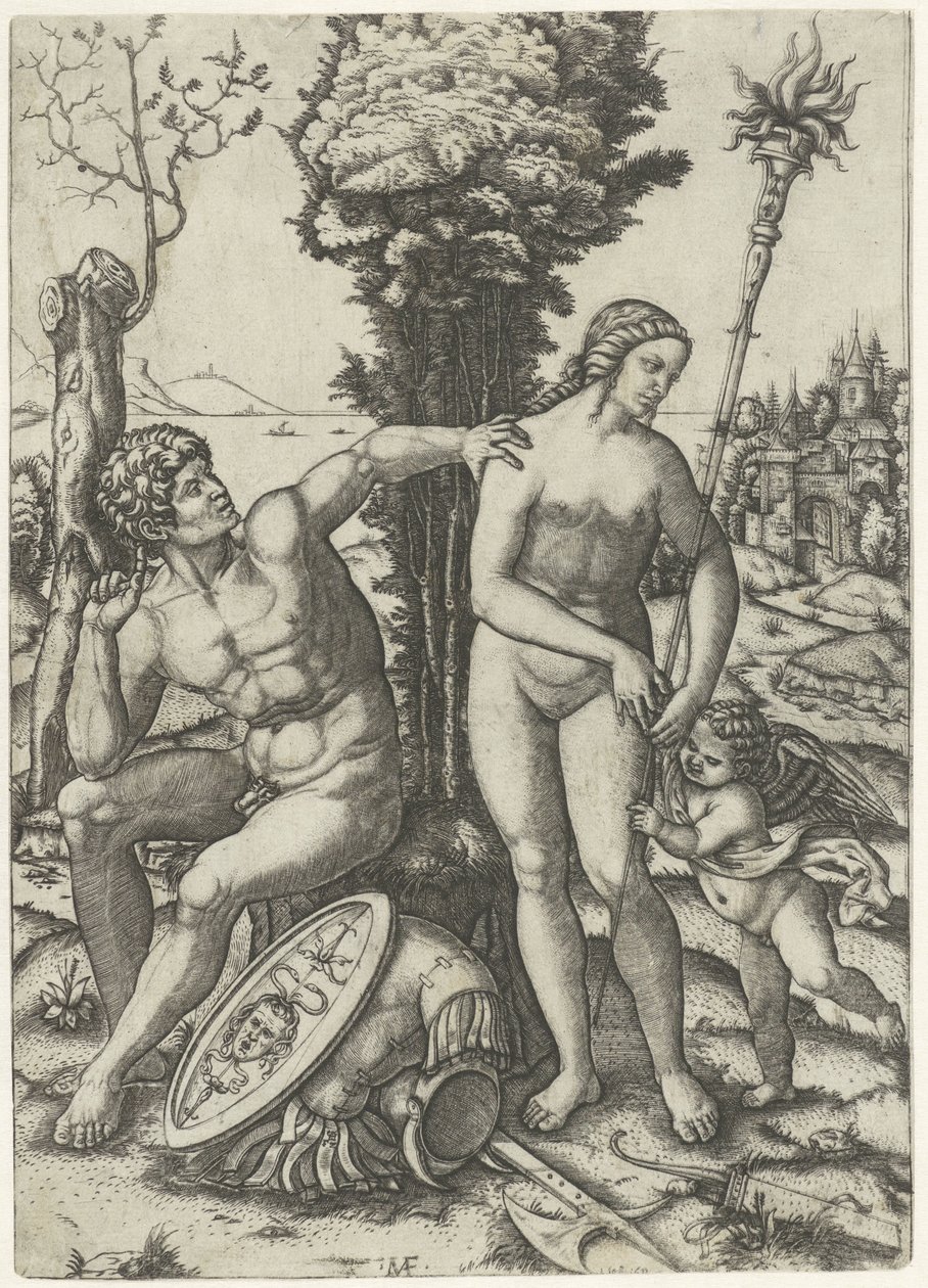Mars og Venus som et par forelsket i Amor av Marcantonio Raimondi