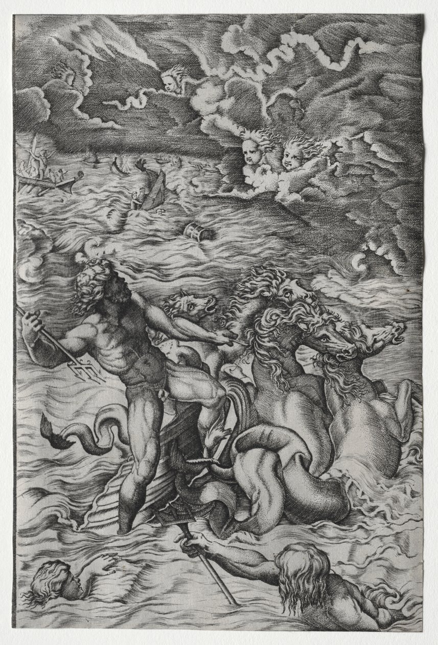 Neptun beroliger stormen som Aeolus reiste mot Aeneas sin flåte av Marcantonio Raimondi