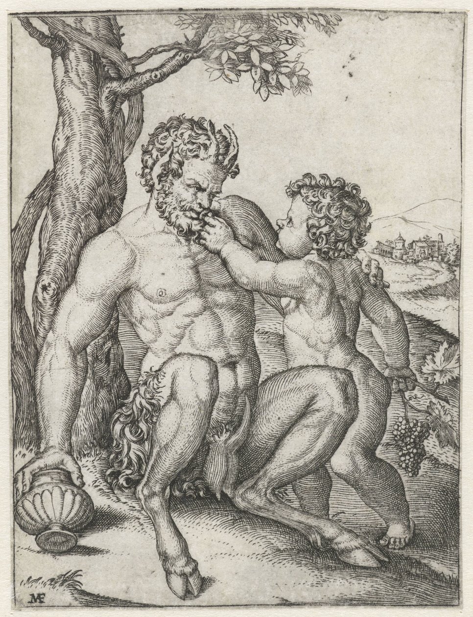 Panne med drikkebeger og Bacchus som barn med drue av Marcantonio Raimondi