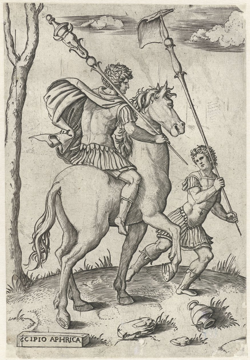 Romerske generaler Scipio Africanus Maior til hest og Scipio Africanus Minor Romerske helter på hesteryggen (serietittel) av Marcantonio Raimondi