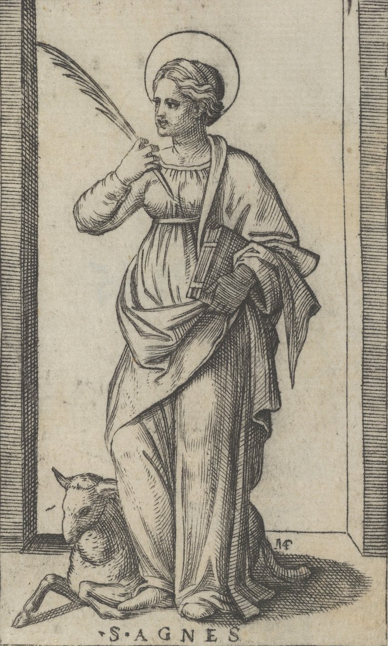 Saint Agnes står og holder en håndflate i høyre hånd, en sau nede til venstre, fra..., ca. 1500-1527. av Marcantonio Raimondi