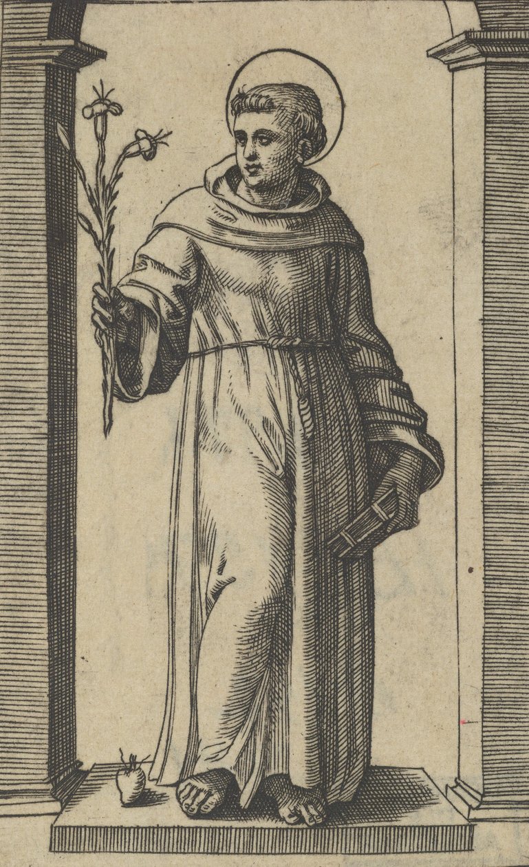 Den hellige Antonius av Padua står, liljer i høyre hånd, en bok i ..., ca. 1500-1527. av Marcantonio Raimondi