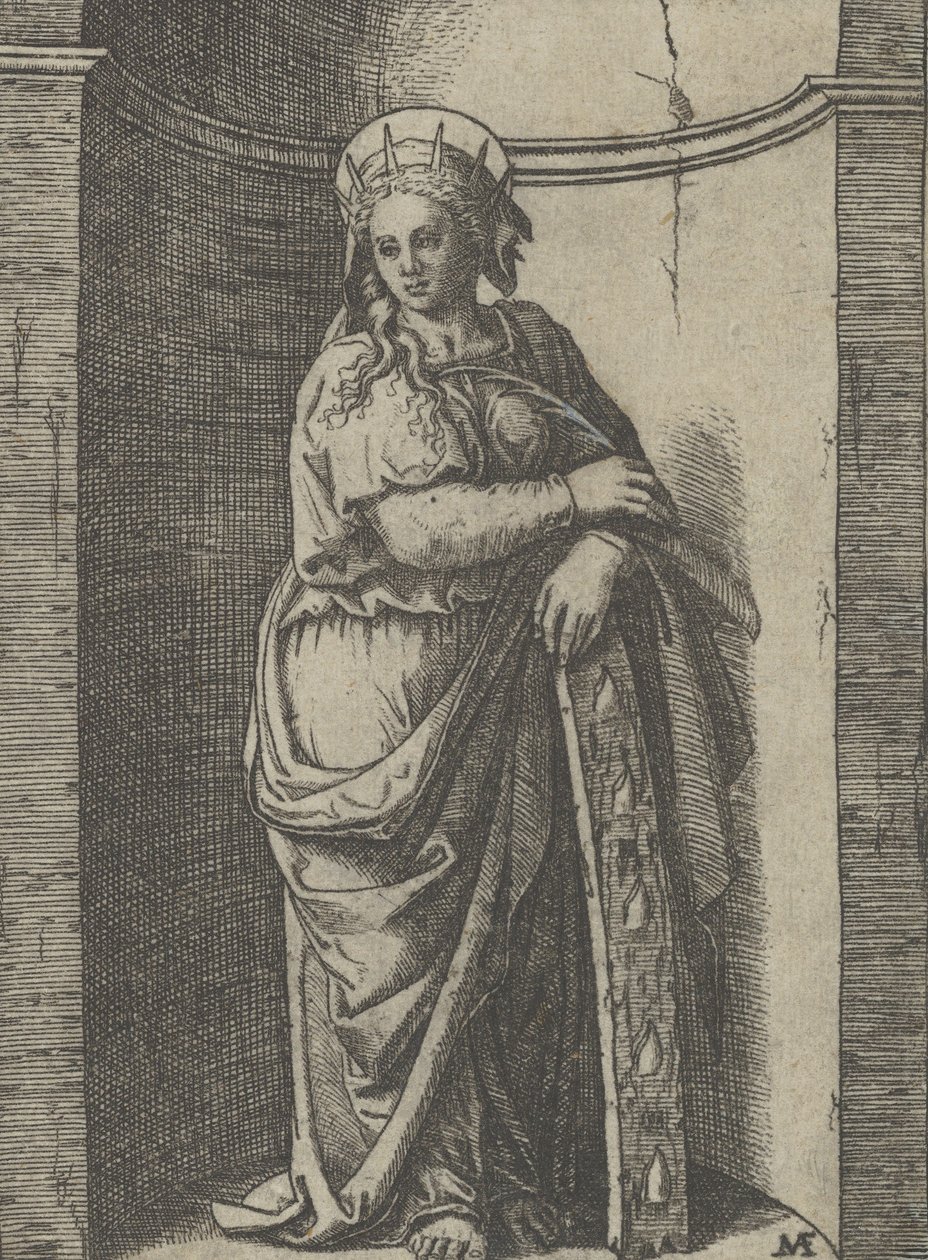 Saint Catherine stående i en nisje, hvilende på et hjul, hennes torturinstrument..., ca. 1500-1527. av Marcantonio Raimondi