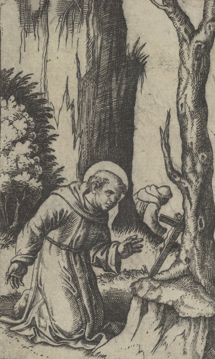 Den hellige Frans av Assisi ber foran et krusifiks, fra serien 