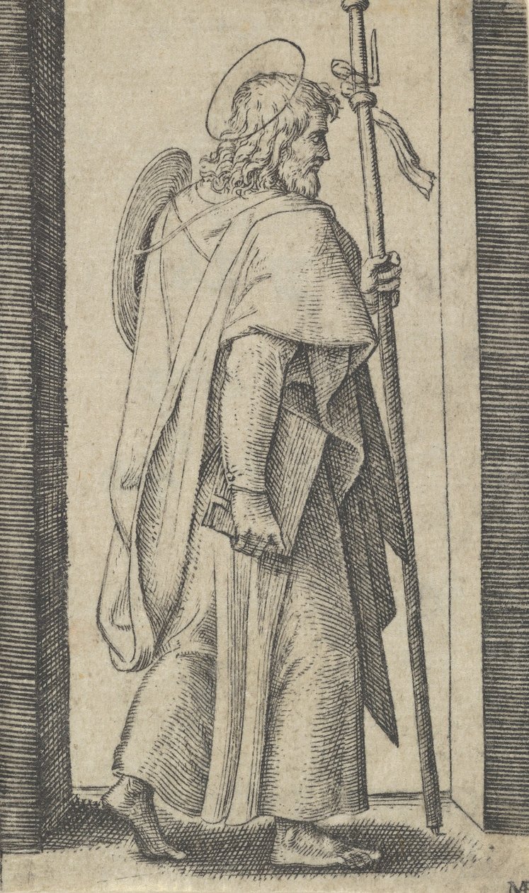 Saint James Major, boken er hans høyre hånd, staven i venstre vendt mot høyre, fra t..., ca. 1500-1527. av Marcantonio Raimondi