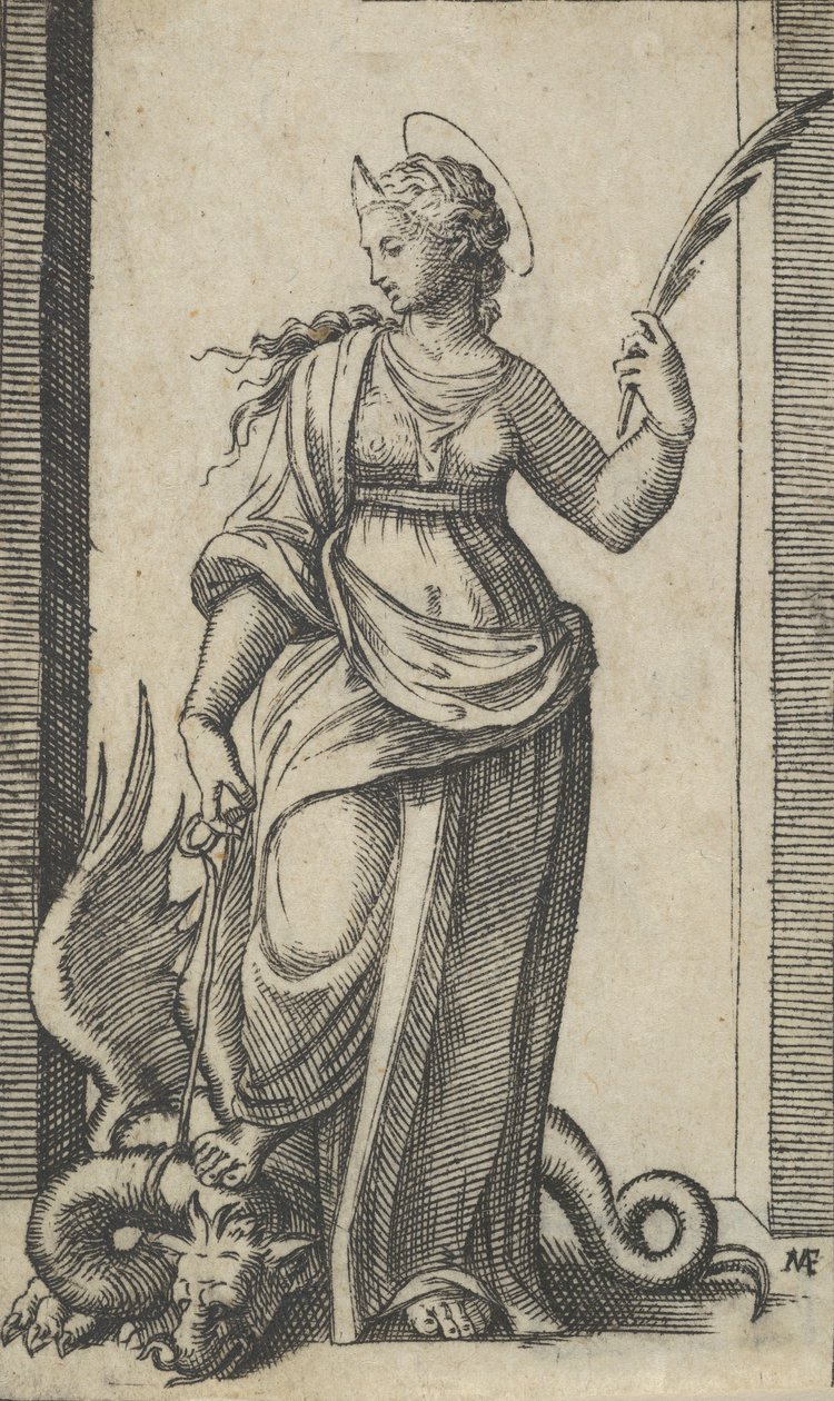 Saint Margaret stående, en drage til venstre, fra serien 