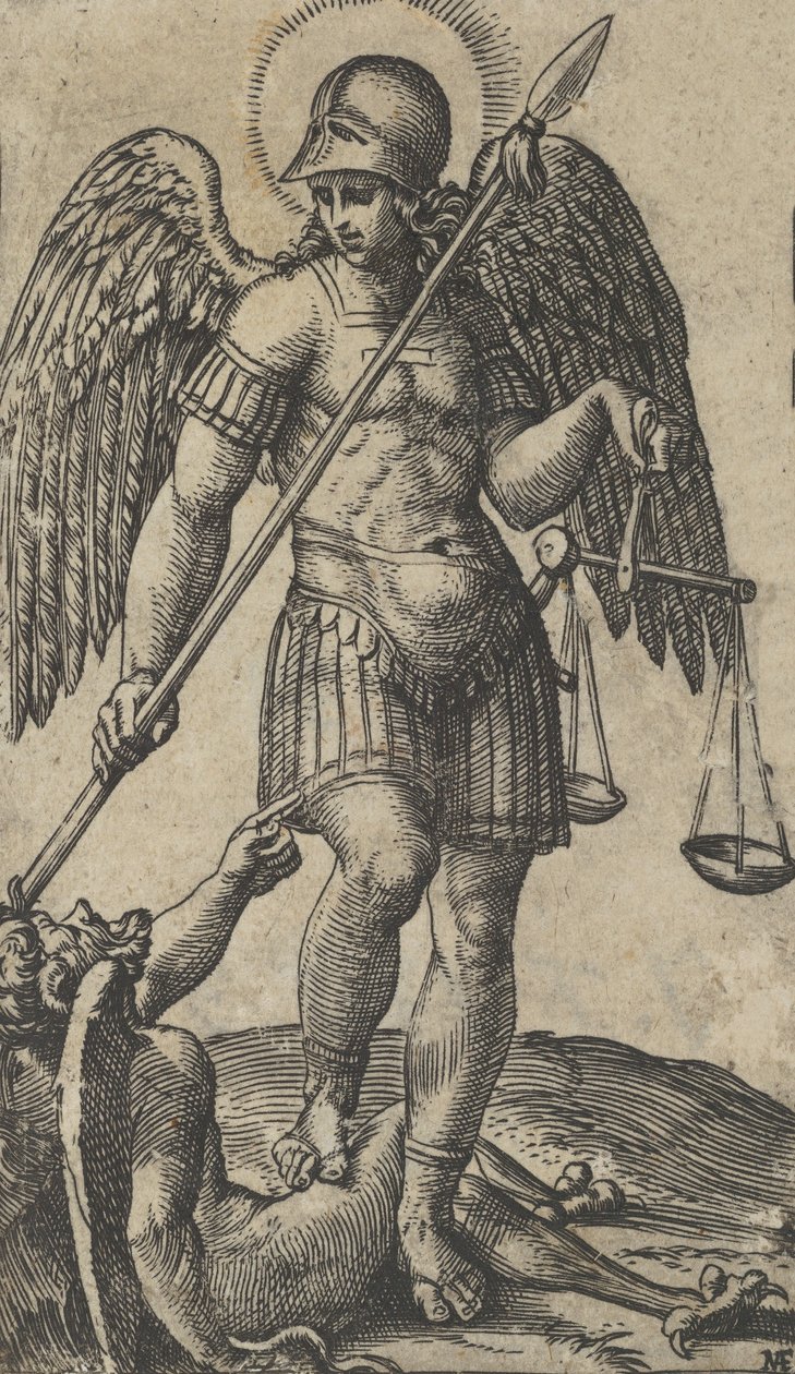 Saint Michael holder vekter og en lanse, en demon under seg, fra serien 