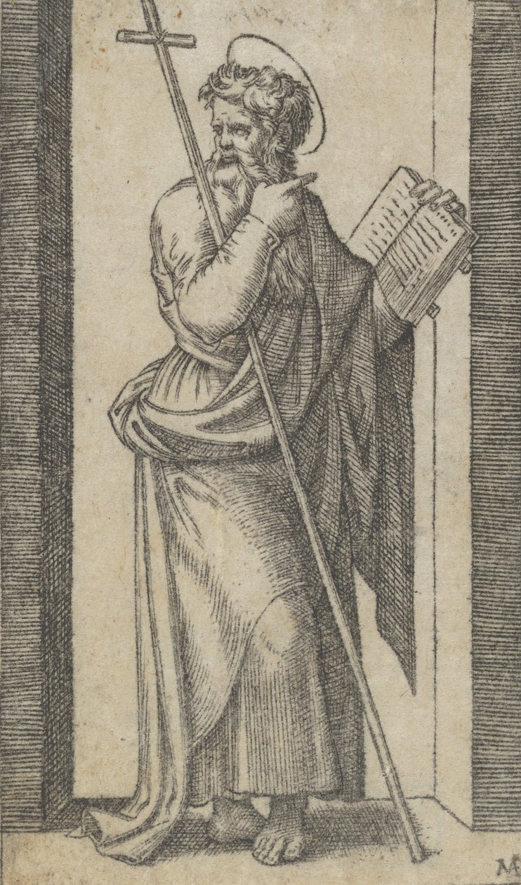 Saint Philip, bok i venstre hånd, stav hvilende på venstre arm, fra serie..., ca. 1500-1527. av Marcantonio Raimondi