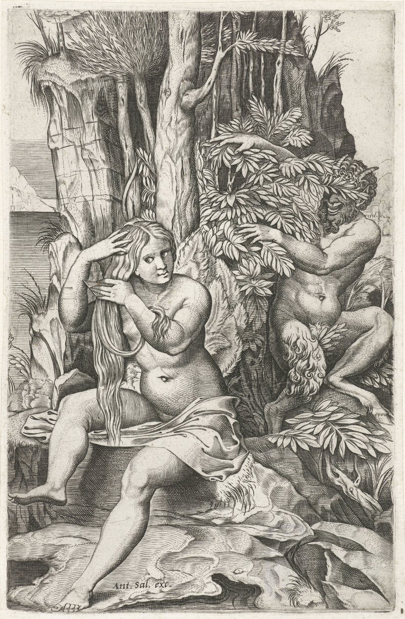 Satyr ser på en nymfe under toalettet hennes Pan og Syrinx av Marcantonio Raimondi