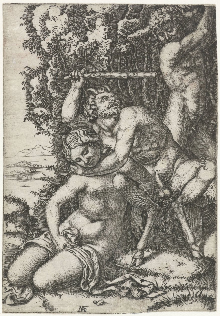 Satyr og ung mann slåss om nymfe av Marcantonio Raimondi