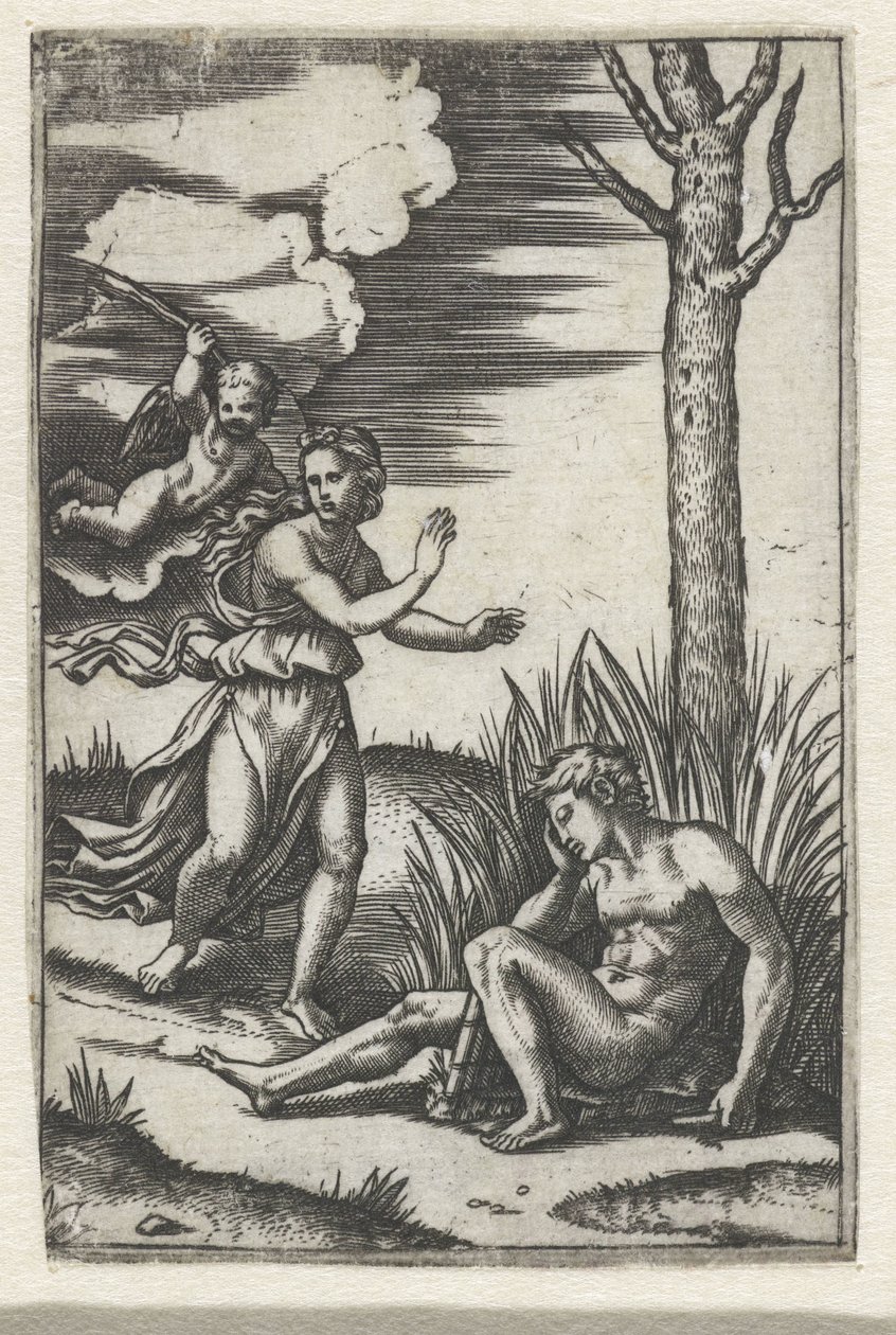 Sovende mann og nymfe jaget av Amor av Marcantonio Raimondi