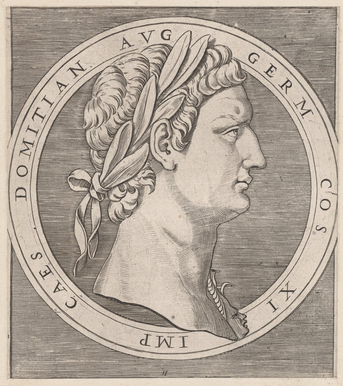 Mirror of Roman Magnificence: Domitian, fra The Twelve Caesars, ca. 1500-1534., ca. 1500-1534. av Marcantonio Raimondi
