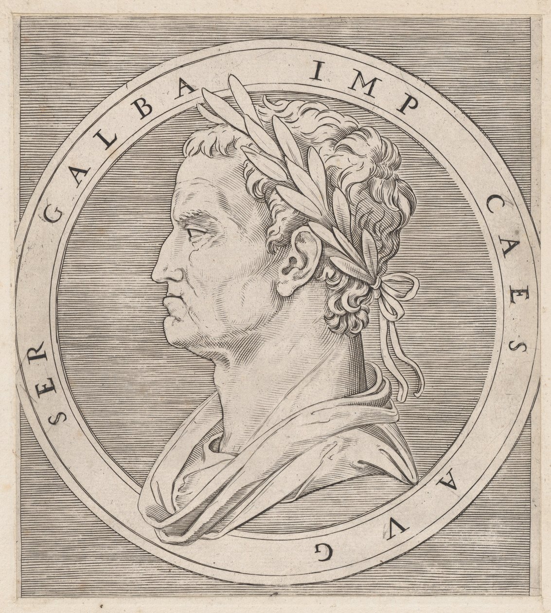 Mirror of Roman Magnificence: Galba, fra The Twelve Caesars, ca. 1500-1534., ca. 1500-1534. av Marcantonio Raimondi