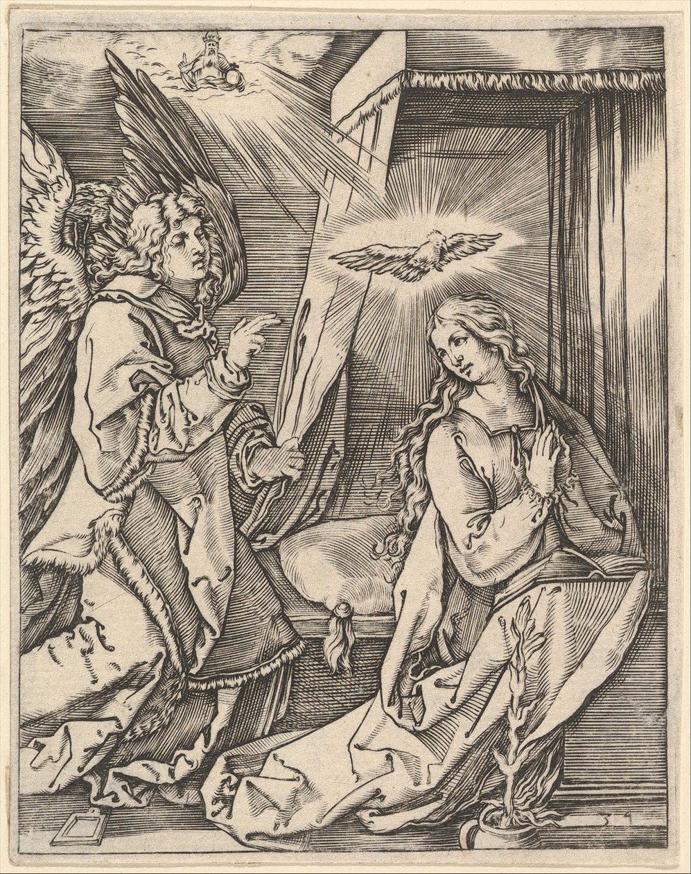 Bebudelsen, til venstre nærmer erkeengelen Gabriel seg til den bedende jomfru..., ca. 1500-1534. av Marcantonio Raimondi