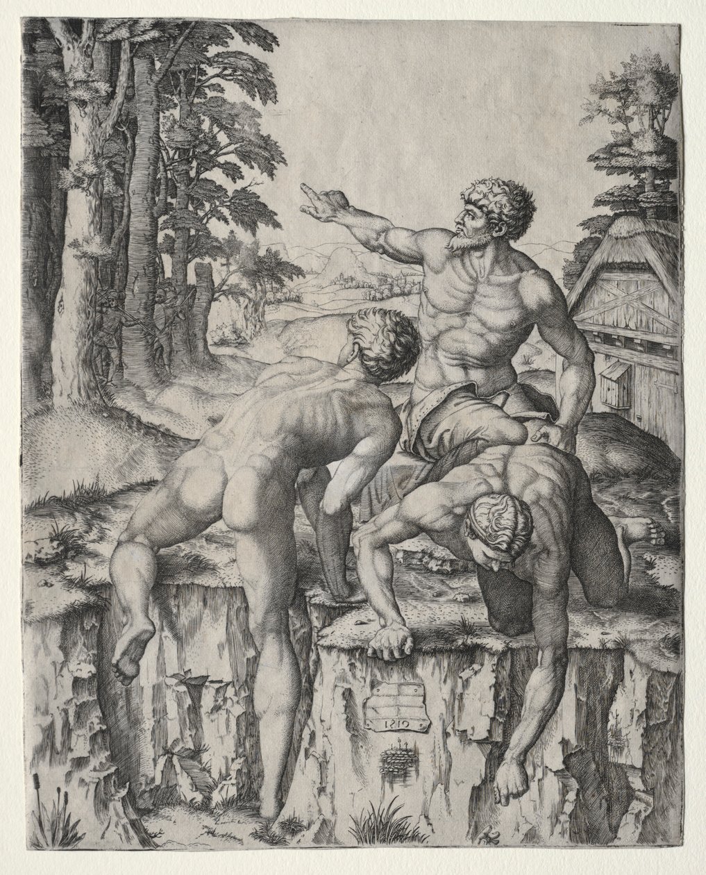 The Climbers Three Figures fra Michelangelos Battle of Cascina, 1510. av Marcantonio Raimondi