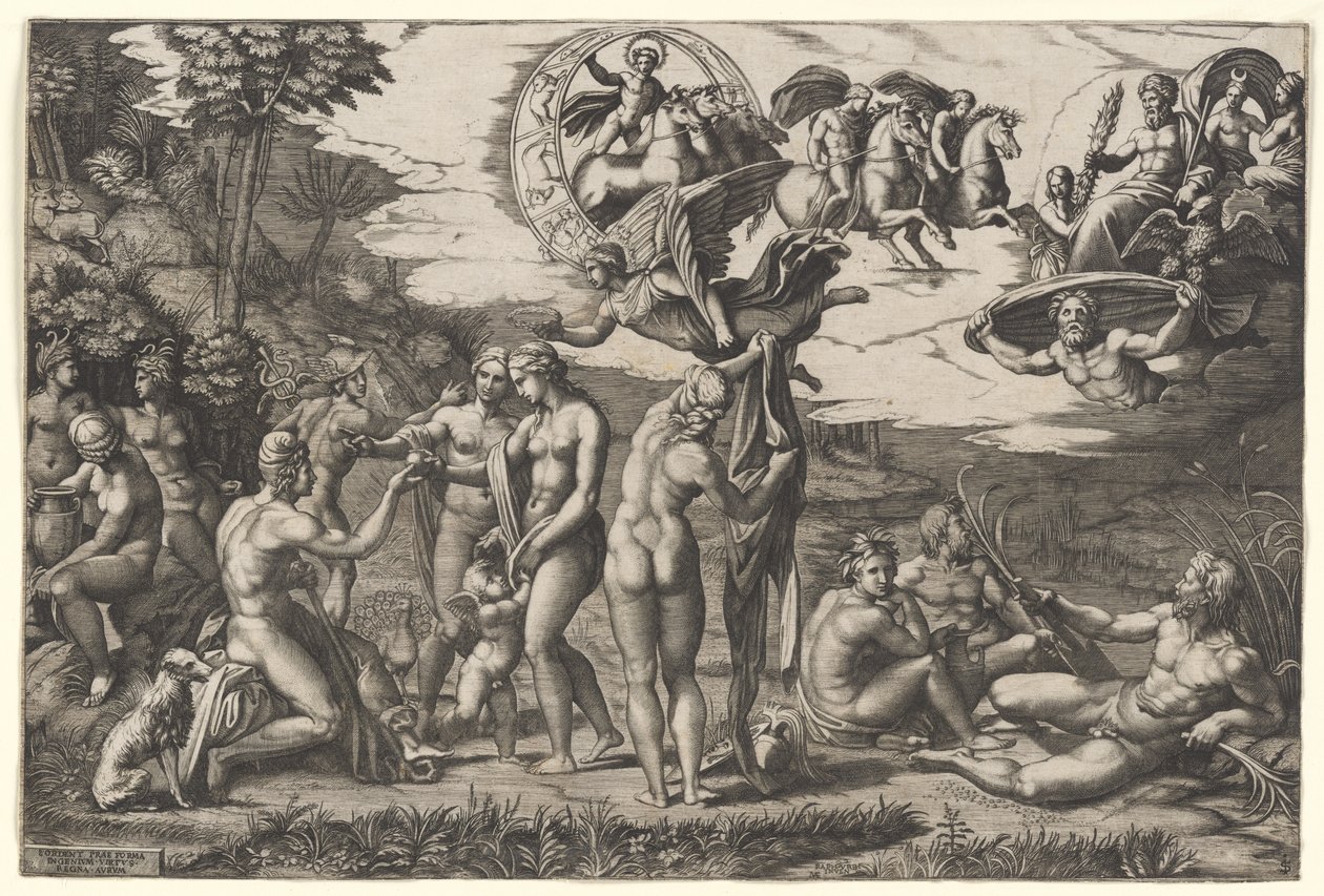 Paris#39; dom: han sitter til venstre med Venus, Juno og Pallas Athena, en bevinget seier over, ca. 1510–20 (gravering) av Marcantonio Raimondi