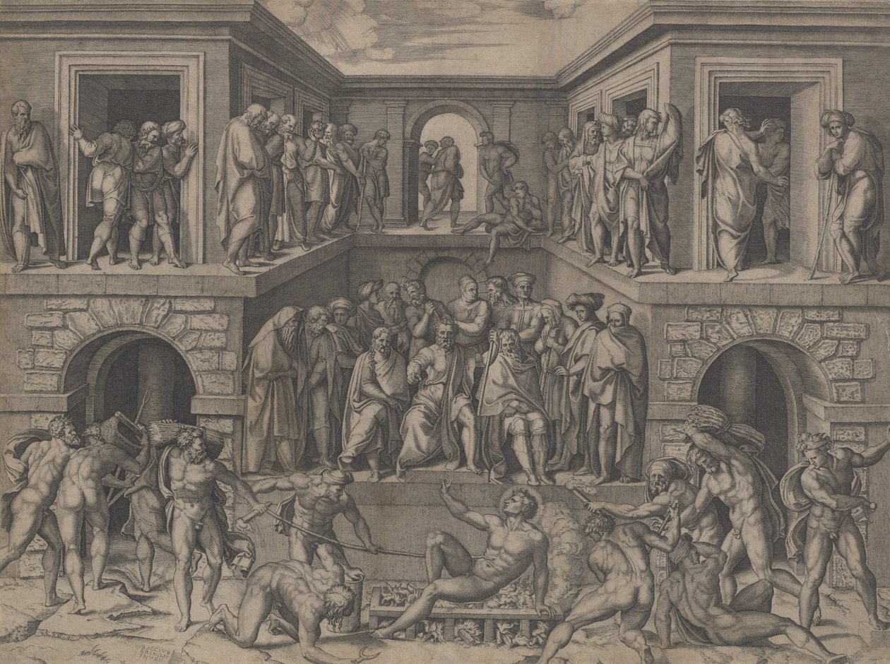 The Martyrdom of Saint Lawrence, etter Bandinelli, ca. 1520. av Marcantonio Raimondi