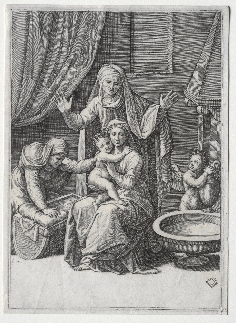 Jomfruen og vuggen med den hellige Elisabeth og den hellige Anne av Marcantonio Raimondi