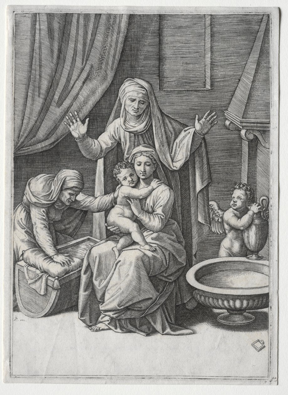 Jomfruen og vuggen med den hellige Elisabeth og den hellige Anne, 1520. av Marcantonio Raimondi