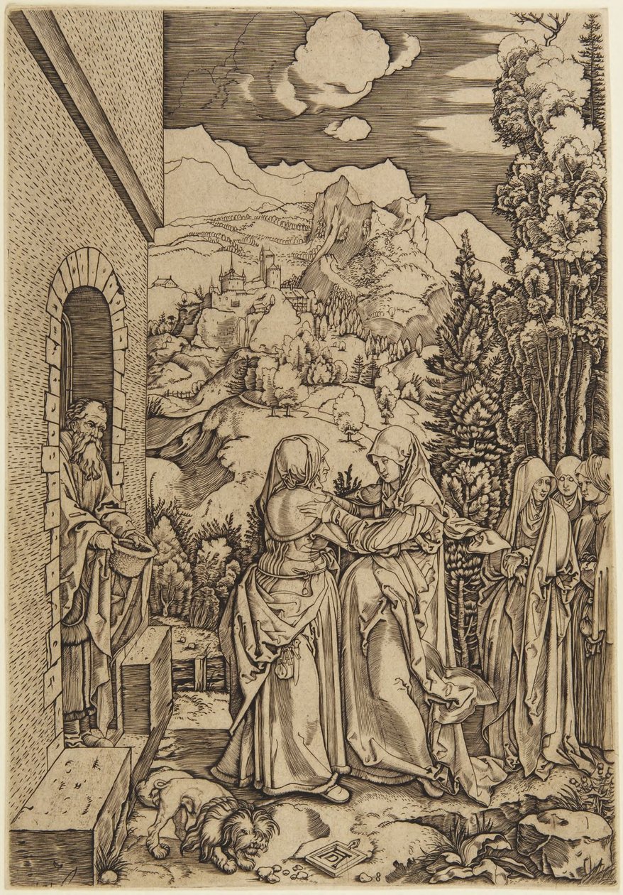 Marias besøk hos Elisabet, plate 8 fra Jomfru Marias liv av Marcantonio Raimondi