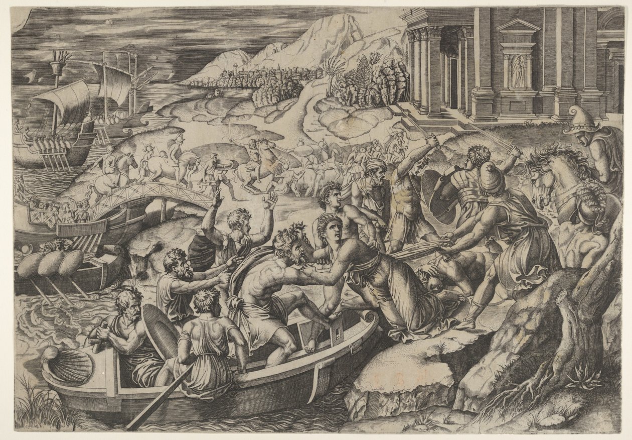Bortføringen av Helen, kampscene på en kysten med to menn som trekker Helen inn i en b..., ca. 1520-27. av Marcantonio Raimondi