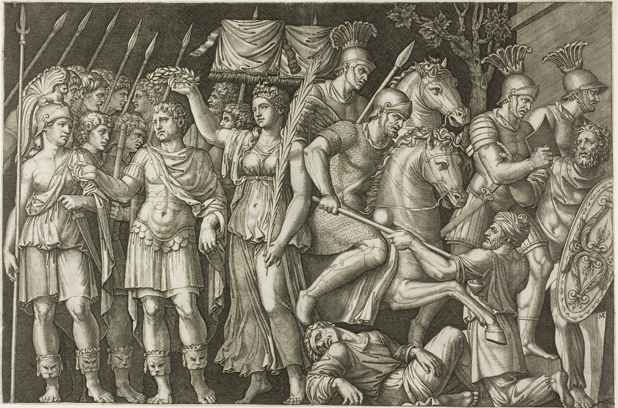 Trajan kronet av seier av Marcantonio Raimondi