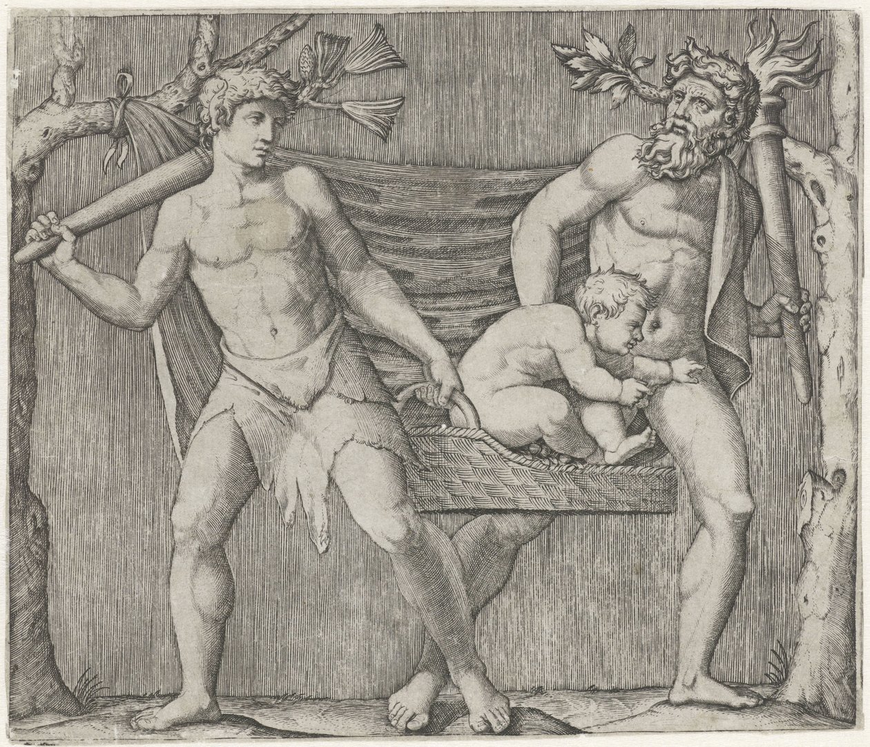 To fauner bærer et barn i en kurv av Marcantonio Raimondi