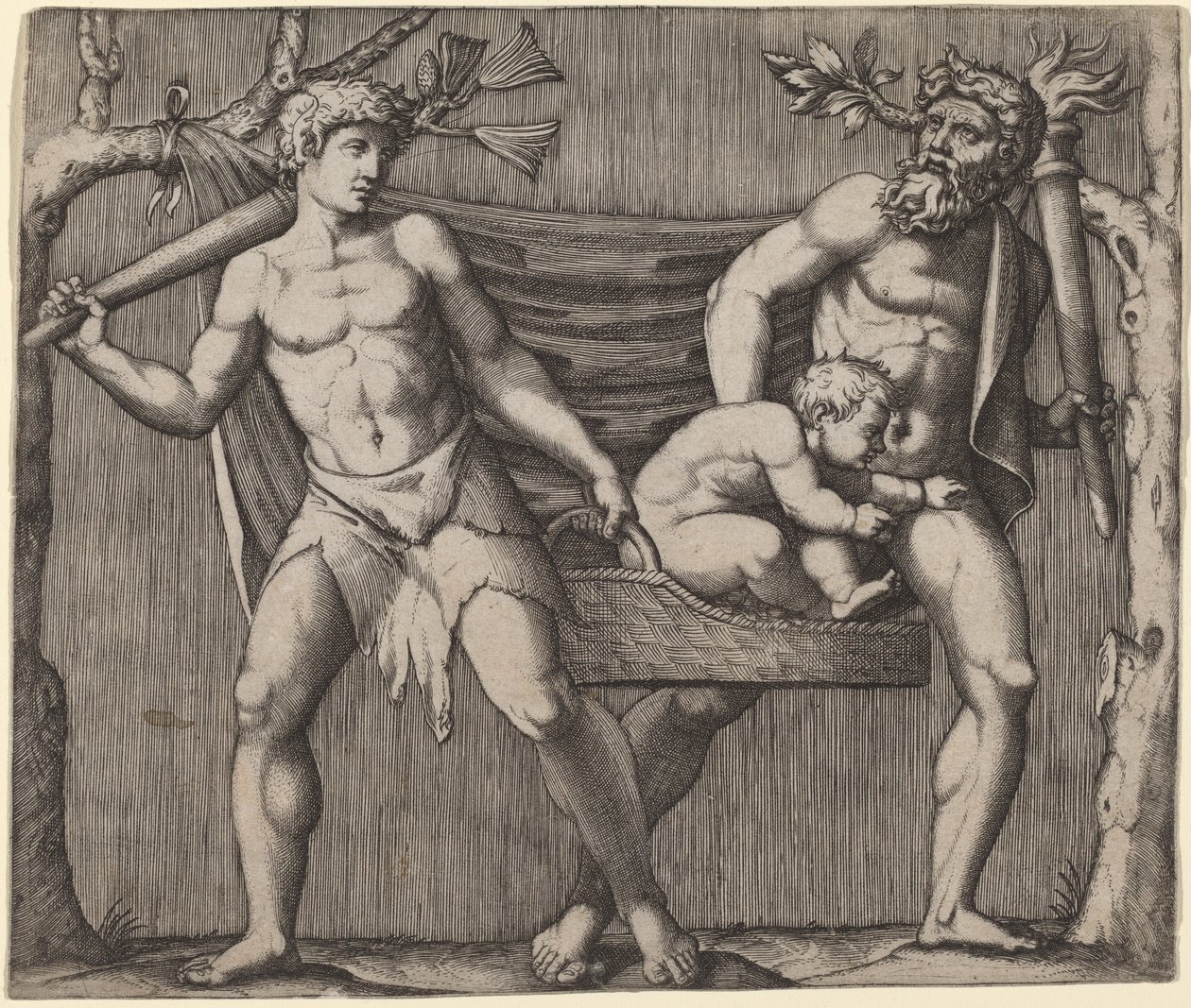 To fauner som bærer et barn av Marcantonio Raimondi
