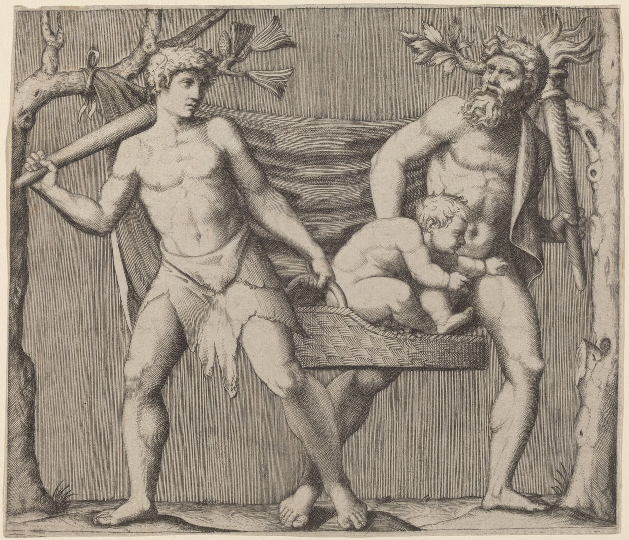To fauner som bærer et barn av Marcantonio Raimondi