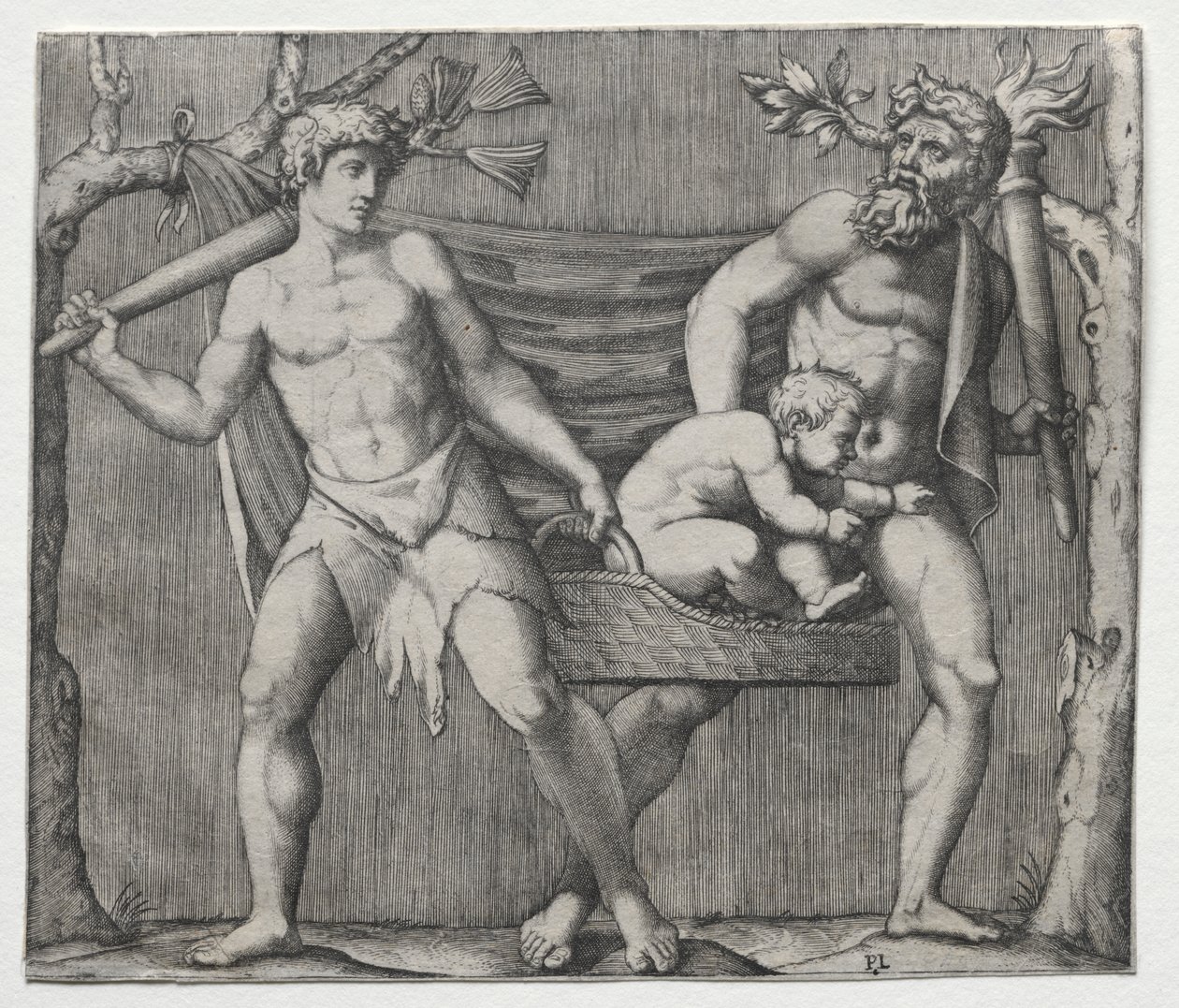 To fauner som bærer et barn i en kurv av Marcantonio Raimondi