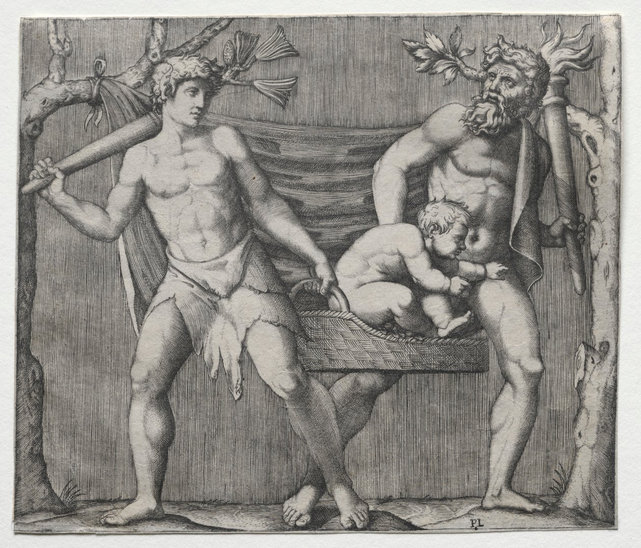 To fauner som bærer et barn i en kurv, ca. 1513-1515. av Marcantonio Raimondi