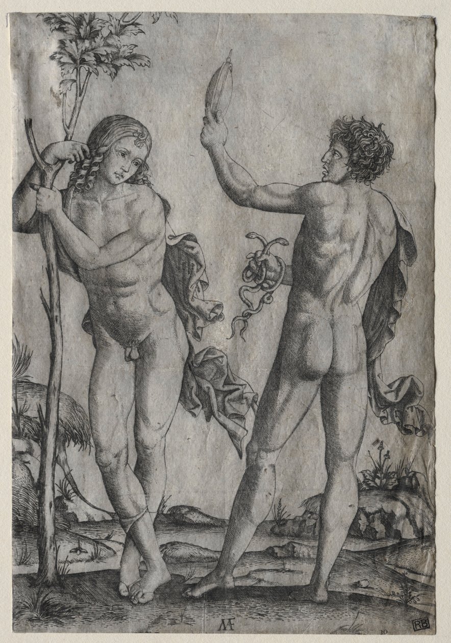 To nakne menn ved siden av et tre. av Marcantonio Raimondi