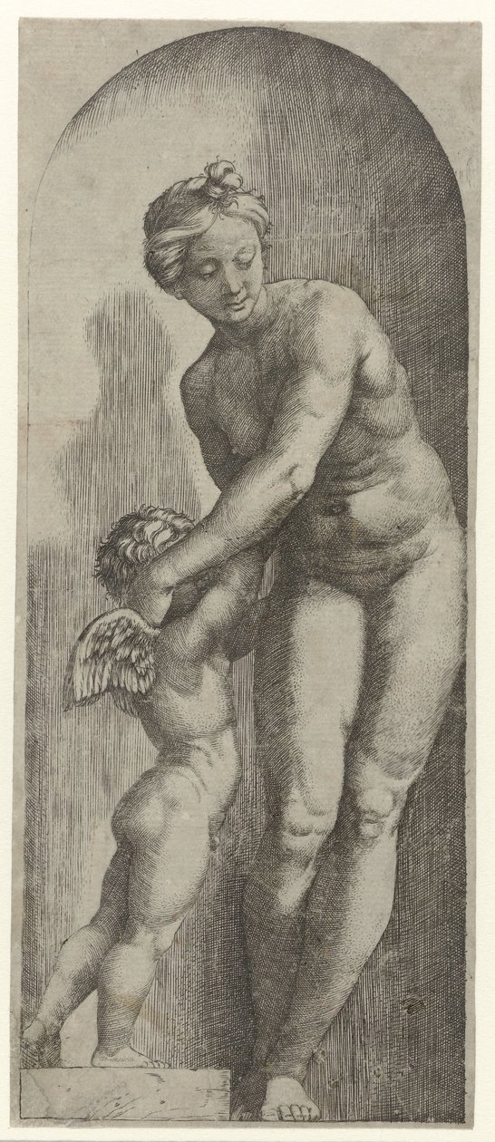 Venus og Amor står i nisje av Marcantonio Raimondi