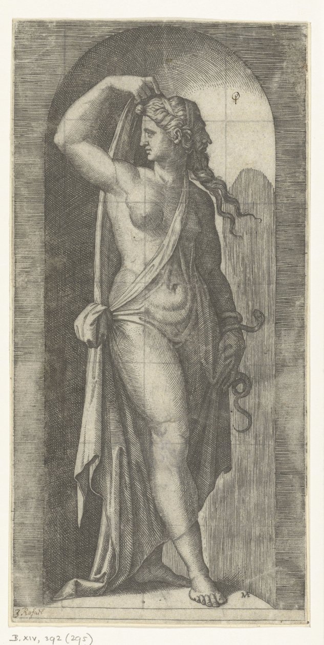 Kvinne som personifisering av Prudentia med slange og maske Seven Virtues (serietittel) av Marcantonio Raimondi