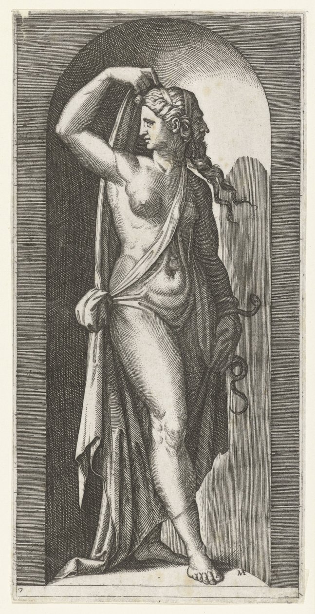 Kvinne som personifisering av Prudentia med slange og maske Seven Virtues (serietittel) av Marcantonio Raimondi