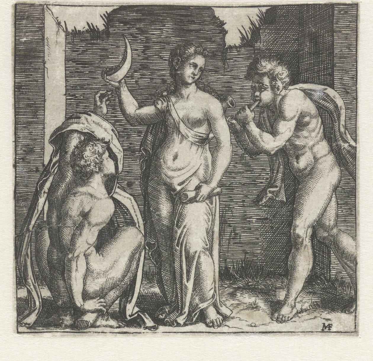 Kvinne med halvmåne flankert av faun som blåser i horn og mann på huk av Marcantonio Raimondi
