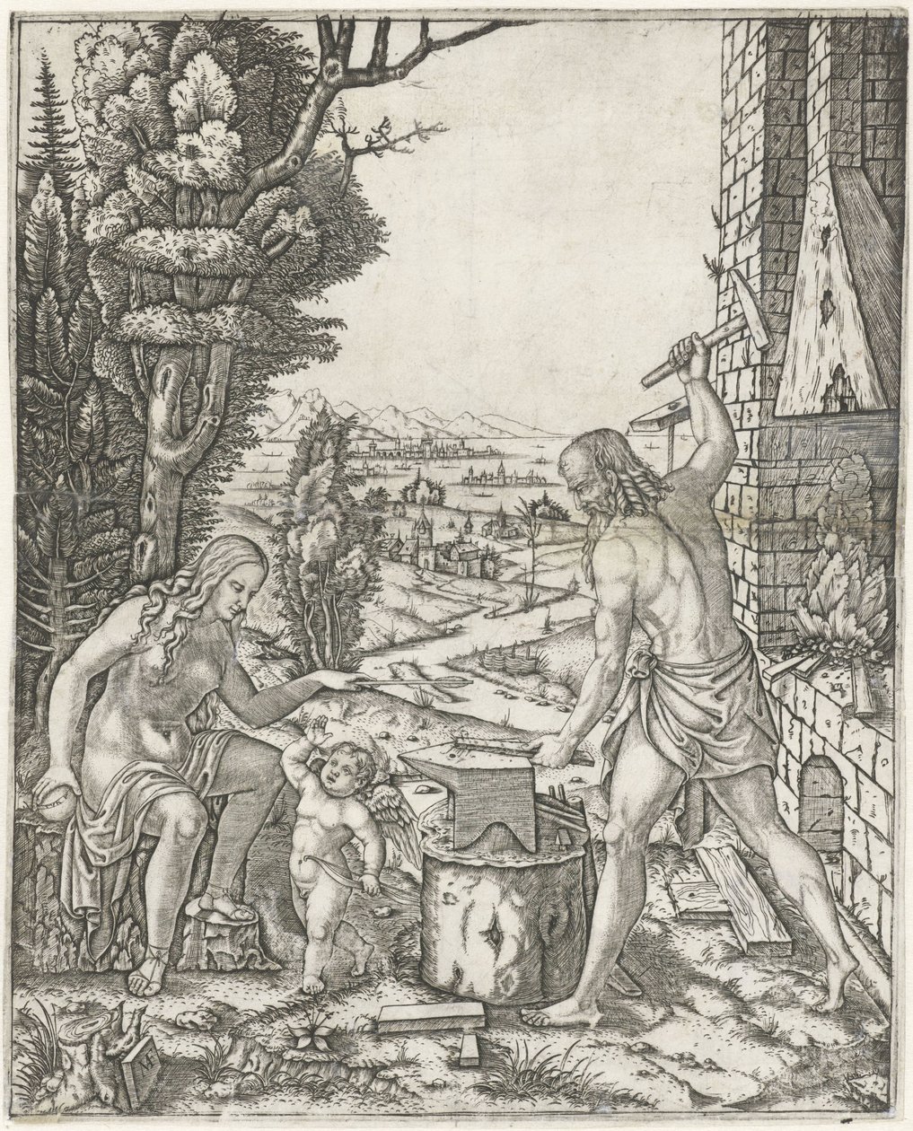 Vulcan smir piler og vinger for Amor i nærvær av Venus av Marcantonio Raimondi