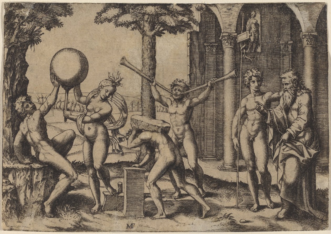 Mannen med to trompeter av Marcantonio Raimondi after Baccio Bandinelli
