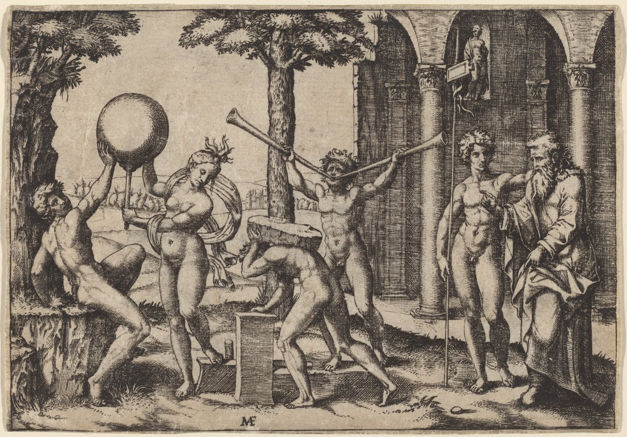 Mannen med to trompeter av Marcantonio Raimondi after Baccio Bandinelli