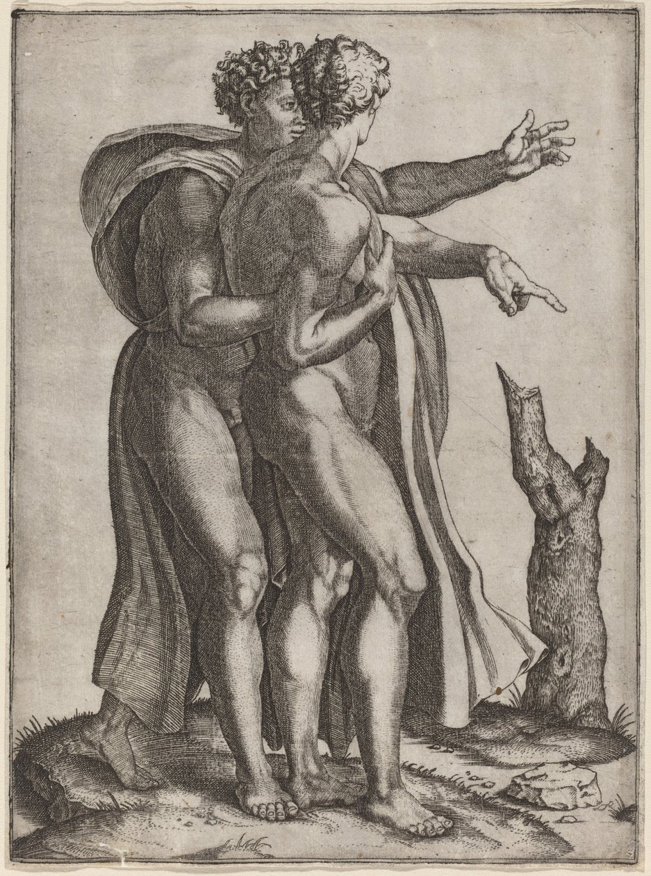 To nakne menn av Marcantonio Raimondi after Michelangelo