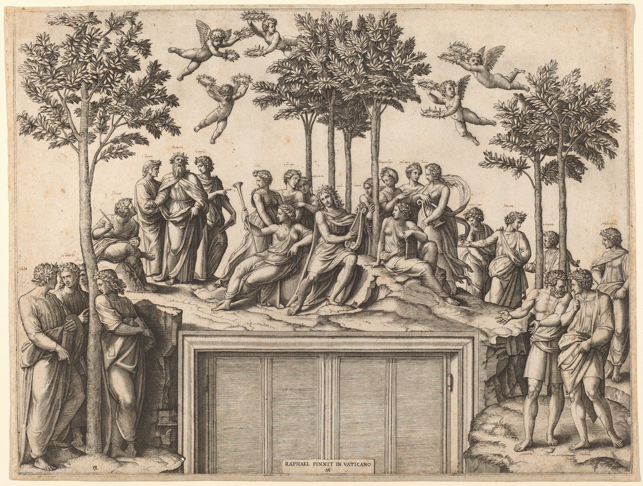 Apollo på Parnassus av Marcantonio Raimondi after Raphael