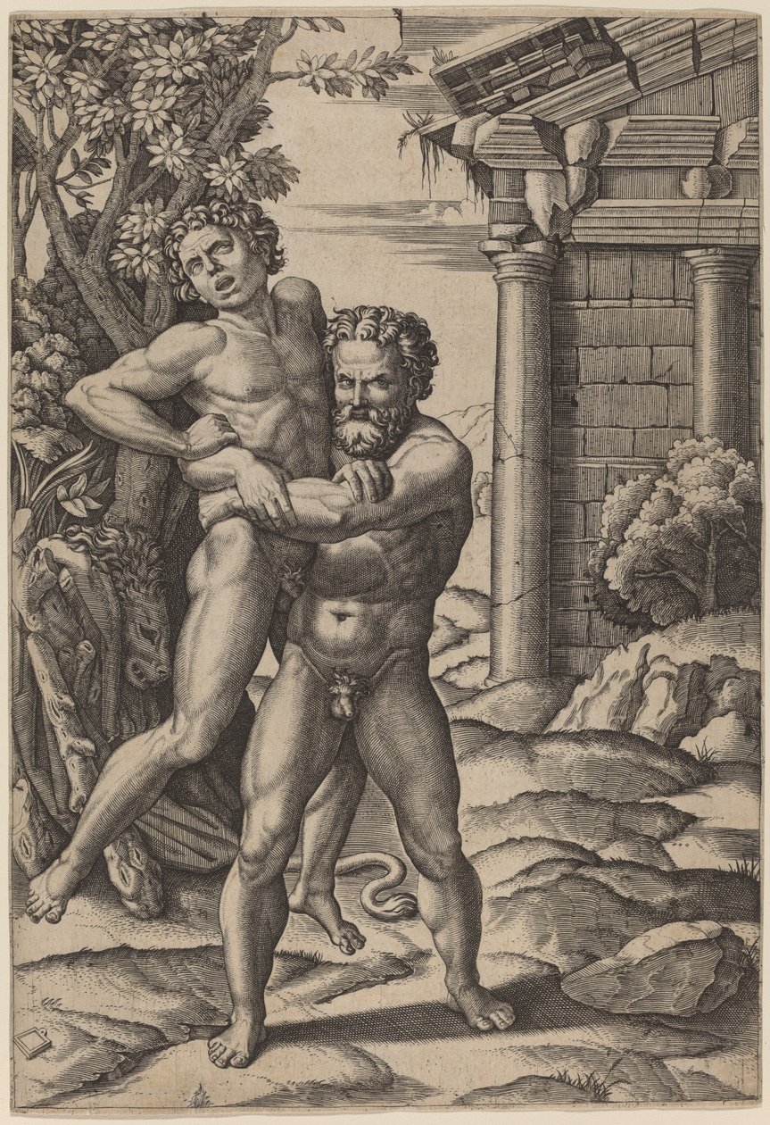 Hercules og Antaeus av Marcantonio Raimondi, after Raphael